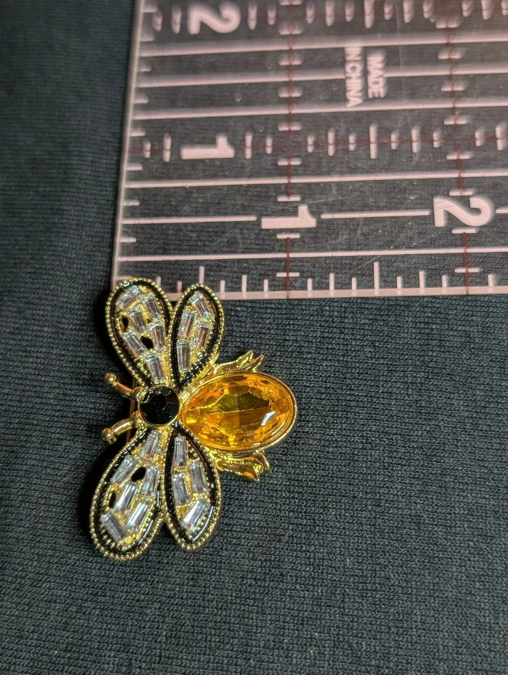 Gold Tone Bumble Bee Rhinestone Brooch Amber Crystal